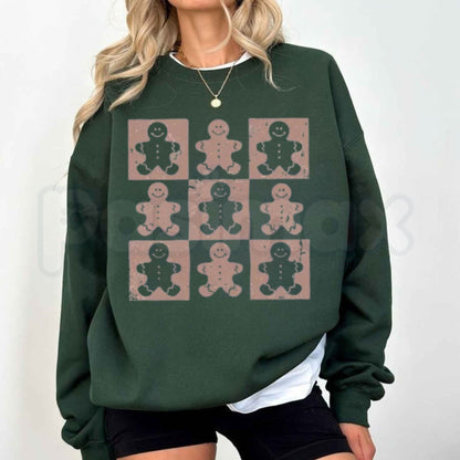 Retro Checkered Gingerbread Man Sweatshirt | Festive Holiday Pattern Crewneck