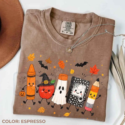 Comfort Colors® Halloween Teacher T-Shirt – Cute Spooky School Doodles Graphic Tee, Retro Educator Unisex Top & Gift