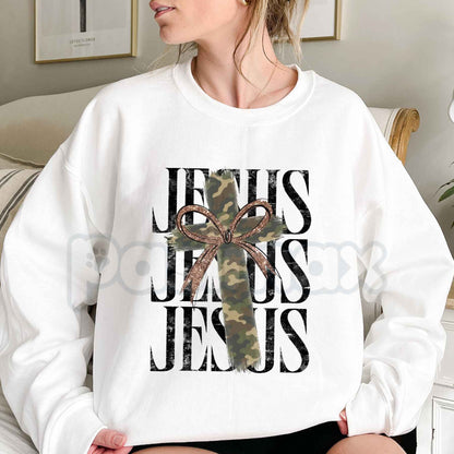 Camo Pattern Jesus Sweatshirt | Vintage Woodland Faith Graphic Top