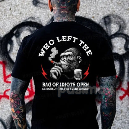 "Who Left The Bag Of Idiots Open" Funny T-Shirt - Monkey Graphic Tee, Sarcastic Menswear Top