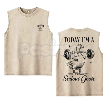 Funny Serious Goose Gym Washed Tank Top – Retro Bodybuilding Muscle Tee, Vintage Acid Washed Lightweight Cotton Unisex Fitness Sleeveless Shirt
