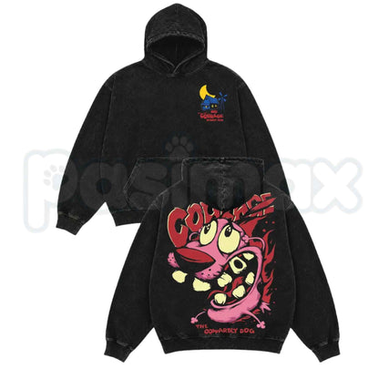 Courage the Cowardly Dog Vintage Washed Shirt & Oversized Hoodie – Retro Cartoon Horror Graphic Tee, Acid Wash Lightweight Cotton Unisex Streetwear Top