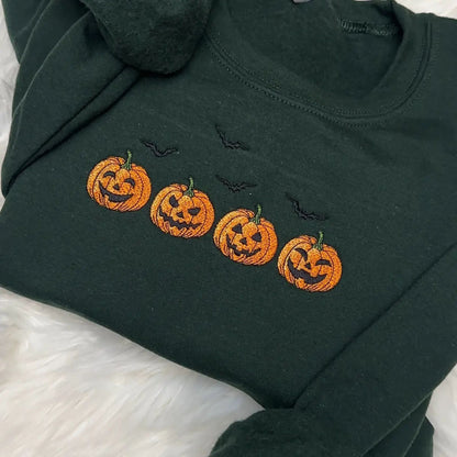 Embroidered Halloween Pumpkins & Bats Sweatshirt – Spooky Season Crewneck