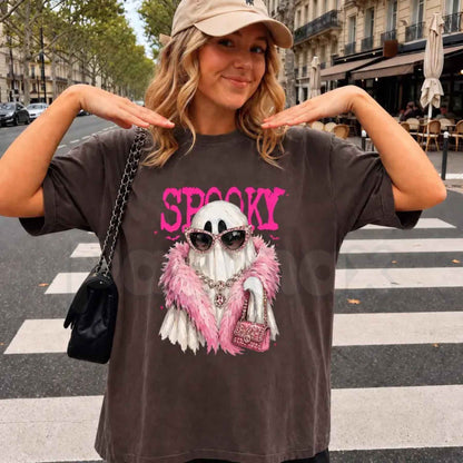 Comfort Colors® "Spooky Ghost with Boa" T-Shirt – Trendy Halloween Graphic Tee, Retro Aesthetic Glamour Ghost Unisex Top, Cute Spooky Season Apparel