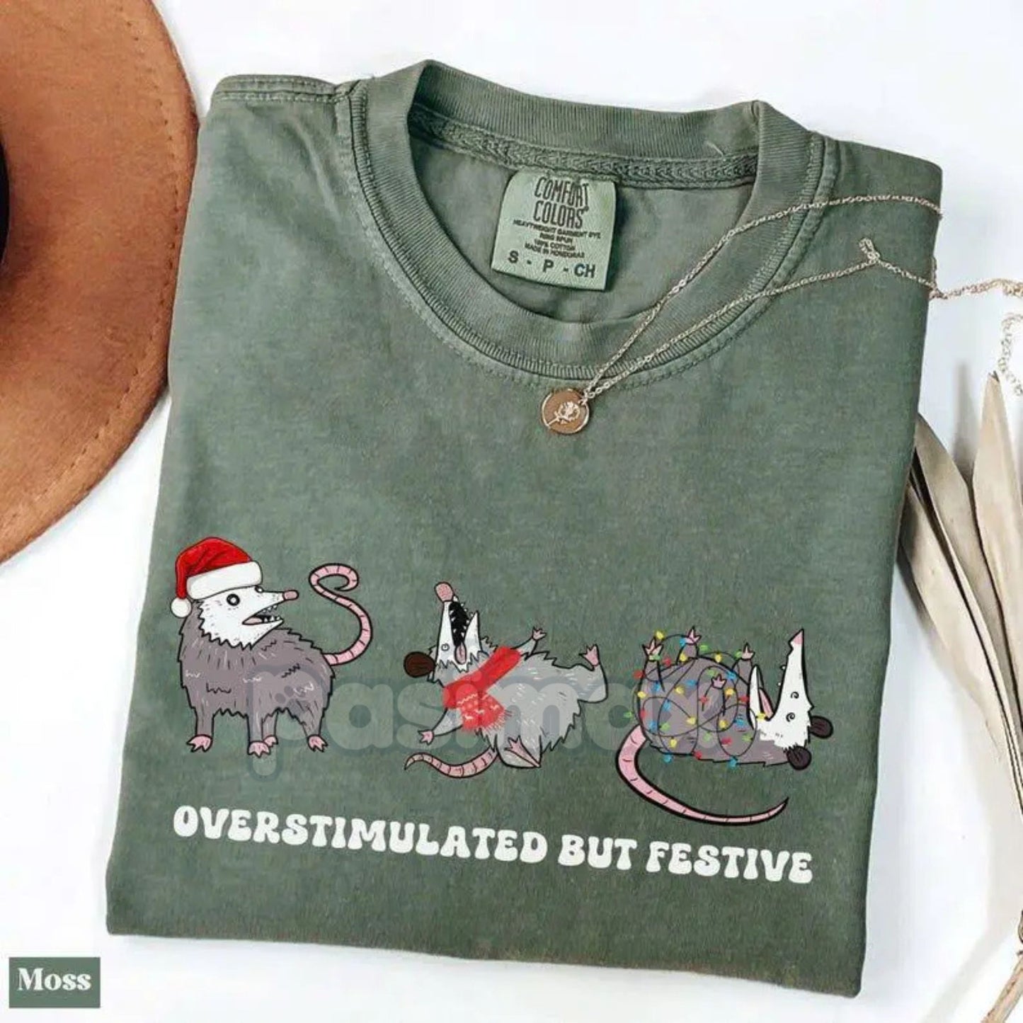 Comfort Colors® 'Overstimulated But Festive' Possum Christmas Shirt – Funny Holiday Possum Tee, Vintage Christmas Shirt
