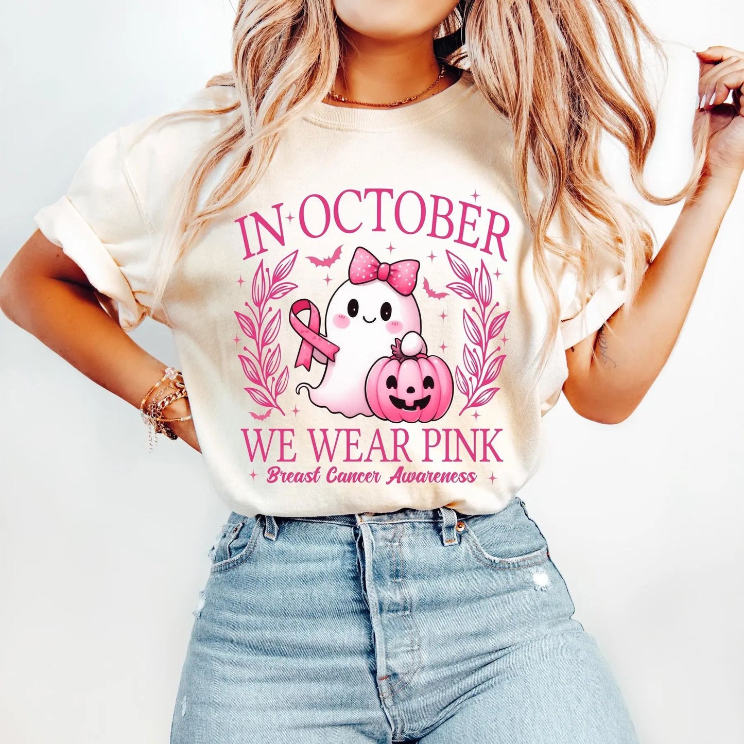 In October We Wear Pink T-Shirt - Retro Breast Cancer Awareness Tee, Halloween Pink Ghost Shirt