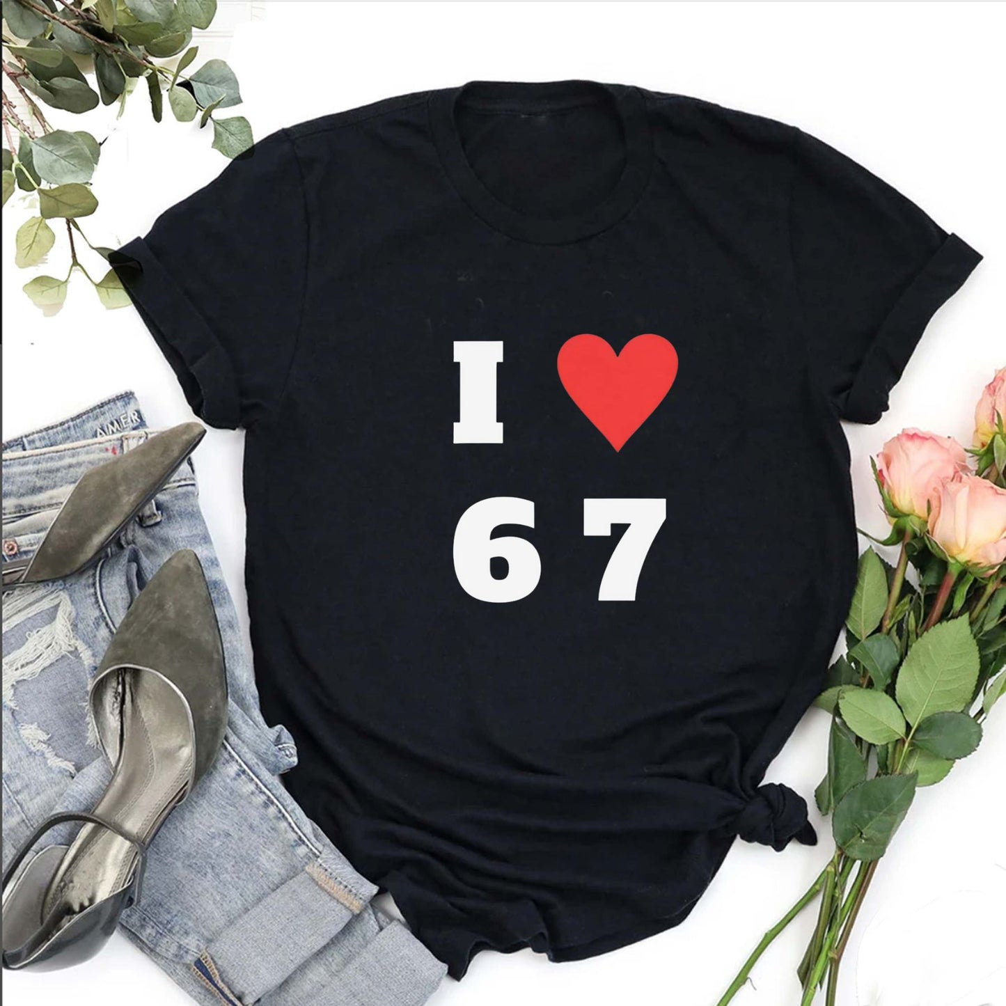 "I Love 6 7" Crewneck T-shirt - Funny Graphic Tee, Stylish Casual White Shirt