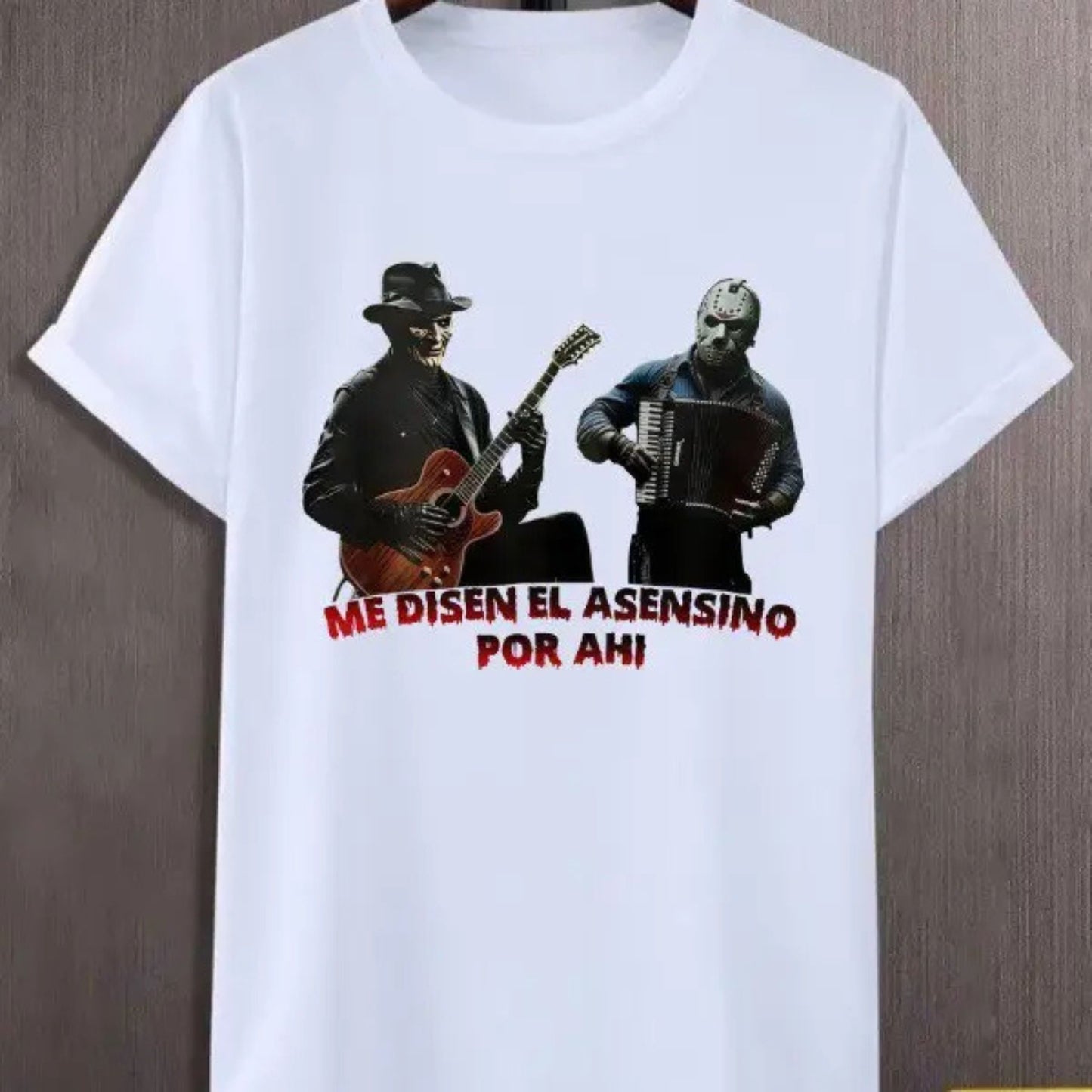 "Me Dicen El Asesino Por Ahí" Jason & Freddy T-Shirt - Unique Horror Movie Villains Tee, Halloween Killer Graphic Shirt