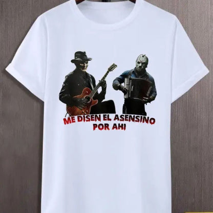 "Me Dicen El Asesino Por Ahí" Jason & Freddy T-Shirt - Unique Horror Movie Villains Tee, Halloween Killer Graphic Shirt