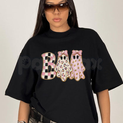 Girly Ghost Boo T-Shirt – Cute Pink Bow Halloween Spooky Season Graphic Tee