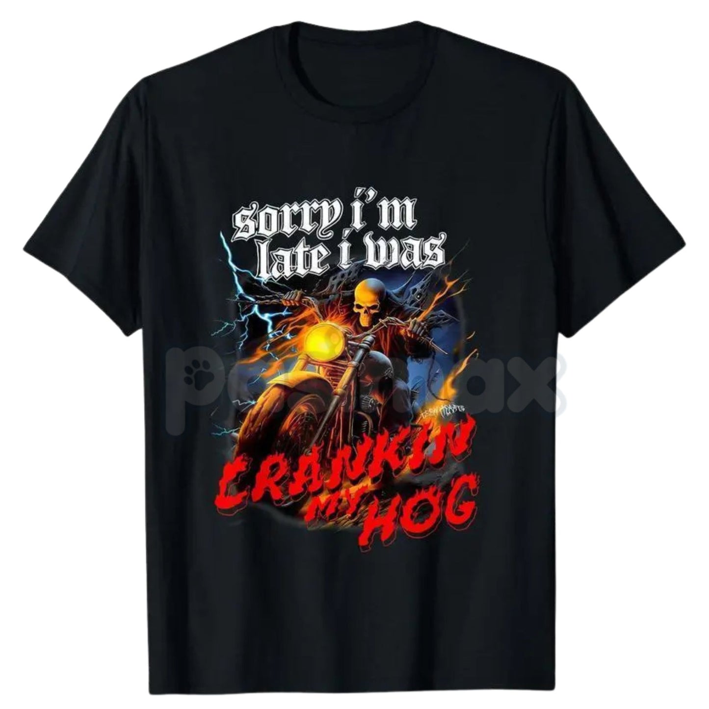 "Crankin My Hog" Horror Skeleton T-Shirt - Funny Biker Humor Graphic Tee, Skeleton Riding Motorcycle Men's Shirt, Sarcastic Irony Biker Culture Apparel