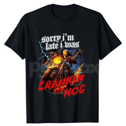 "Crankin My Hog" Horror Skeleton T-Shirt - Funny Biker Humor Graphic Tee, Skeleton Riding Motorcycle Men's Shirt, Sarcastic Irony Biker Culture Apparel