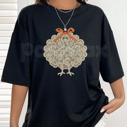 Thanksgiving Turkey Orange Bow T-Shirt – Cute Coquette Fall Holiday Graphic Tee