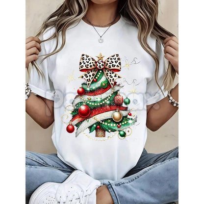 Christmas Tree Print Women's T-Shirt - Leopard Bow & Sparkle Design Holiday Top, Trendy Festive Apparel, Stylish Christmas Gift