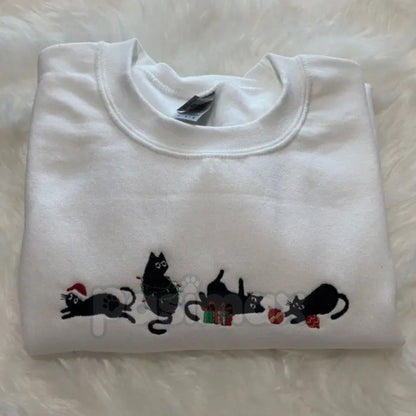 Black Christmas Cats Embroidered Sweatshirt – Cozy Holiday Cat Mom Crewneck