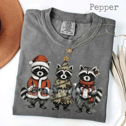 Comfort Colors® Festive Raccoon Family T-Shirt – Adorable Woodland Christmas Tee, Santa Hat Animal Gift