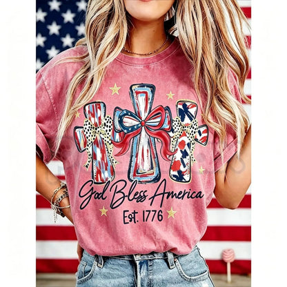 Women's God Bless America T-Shirt – Retro Patriotic 4th of July Graphic Tee, Vintage Washed Lightweight Cotton USA Country Pride Top