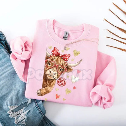 Valentine Highland Cow Sweatshirt | Coquette Western Bow Sweater | Howdy Valentine Sweatshirt | Aesthetic Country Cowgirl Jumper | Cute Highland Cow V-Day Pullover