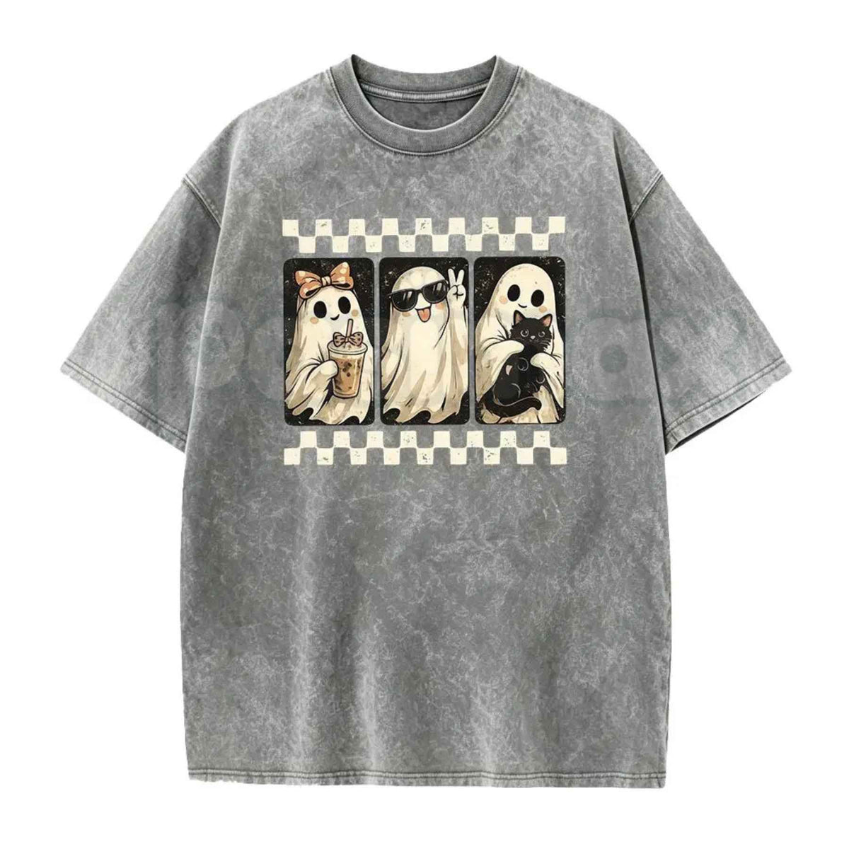 Spooky Theme Short Sleeve Tee – Halloween Black Cat & Ghost Collage Graphic Shirt, Vintage Washed Lightweight Cotton Unisex Casual Wear