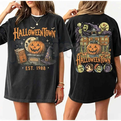 Vintage Pumpkin Witch Spooky Halloween Double-Sided T-Shirt – Retro Gothic Unisex Cotton Tee