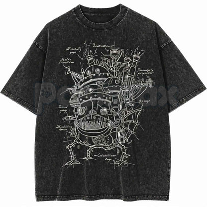 Howl's Moving Castle T-Shirt – Retro Studio Ghibli Graphic Tee, Vintage Washed Anime Lightweight Cotton Unisex Manga Top