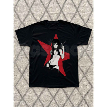 Cyberpunk Red Star Anime Girl T-Shirt – Vintage Futurist Unisex Graphic Tee