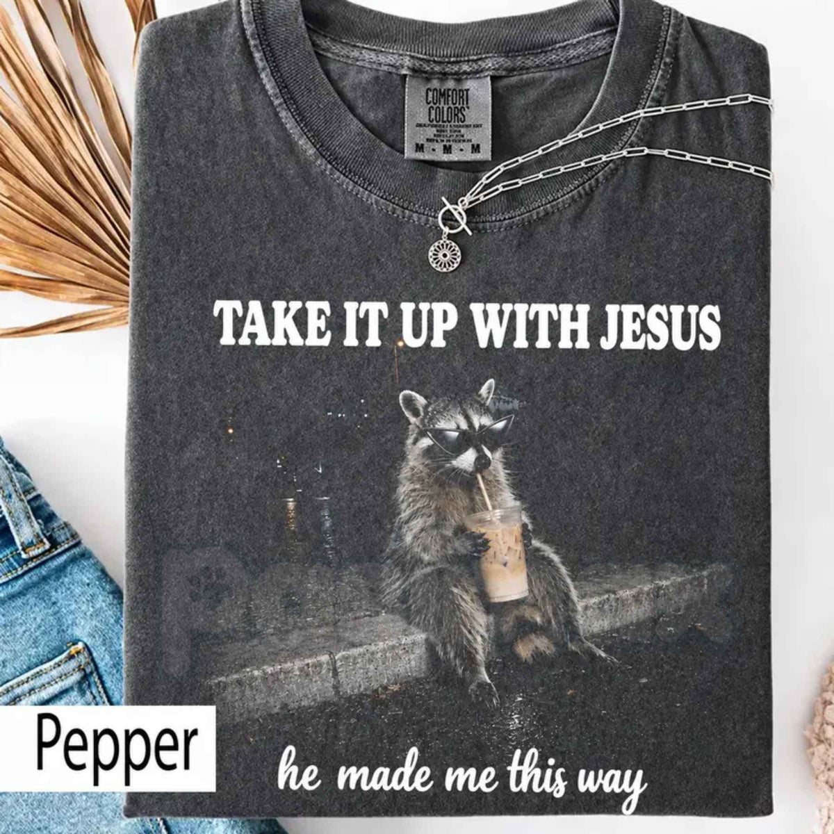 Comfort Colors® Grunge Raccoon Bubble Tea T-Shirt – Funny Take It Up With Jesus Graphic Tee, Retro Trash Panda Unisex Top & Gift