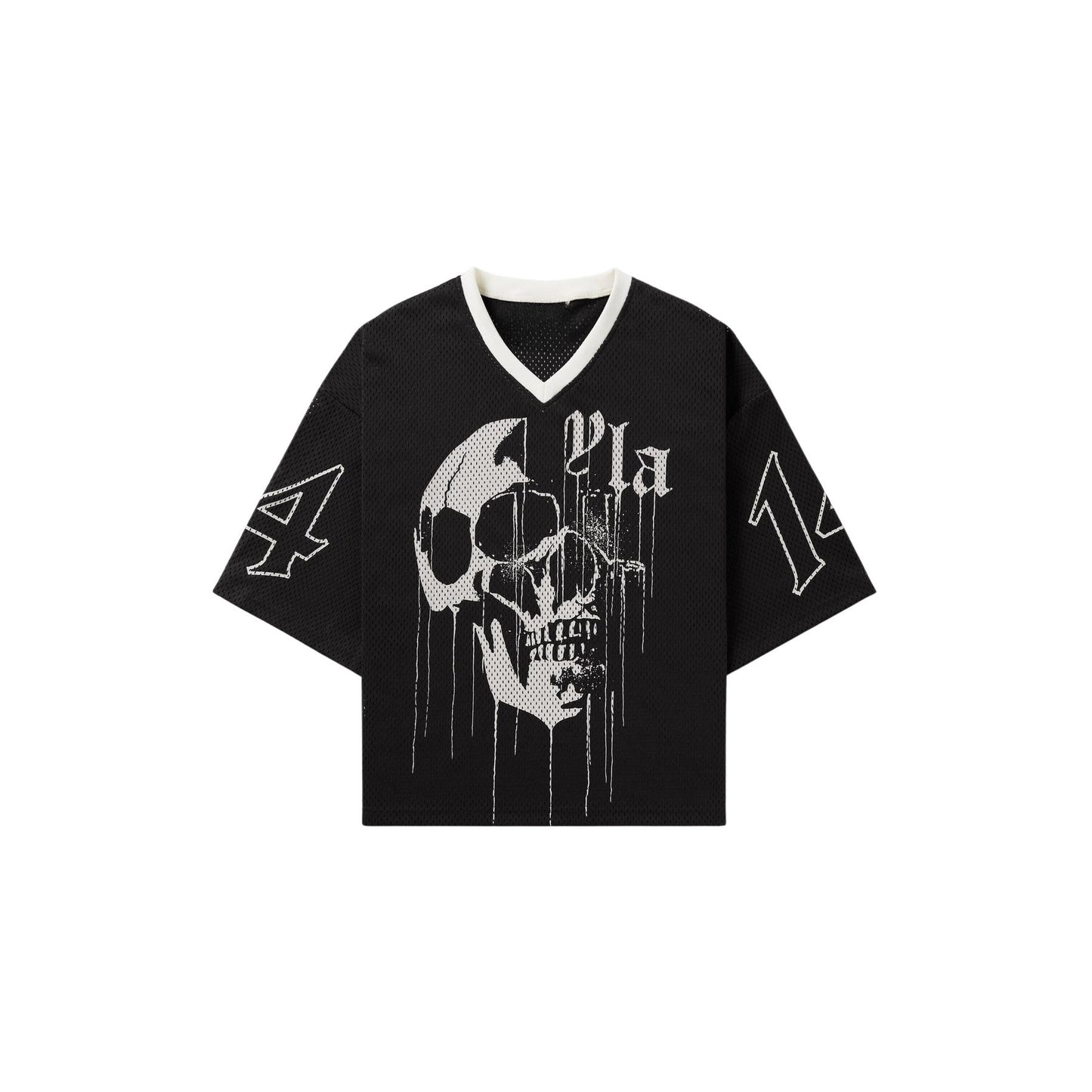 Drippy Skull Streetwear Mesh Jersey – Unisex V-Neck Sporty Tee, Breathable & Versatile