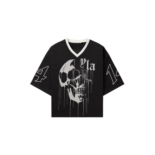 Drippy Skull Streetwear Mesh Jersey – Unisex V-Neck Sporty Tee, Breathable & Versatile