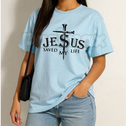 Christian Print T-Shirt 'Jesus Saved My Life' – Cross Design Faith Tee, Inspirational Religious Graphic Unisex Cotton Shirt