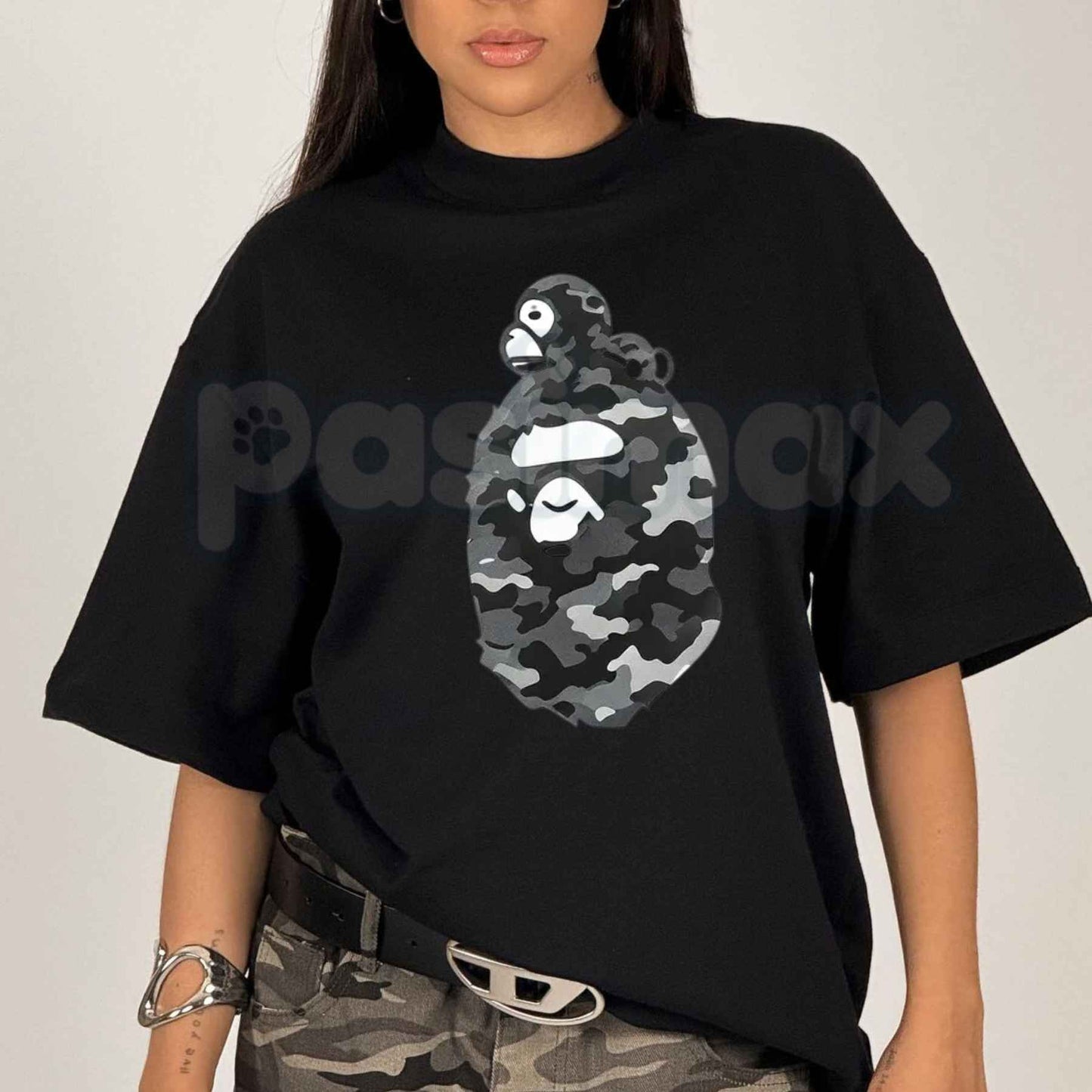 Black Grey Camo Ape Head & Baby Milo T-Shirt – Japanese Streetwear Unisex Cotton Tee