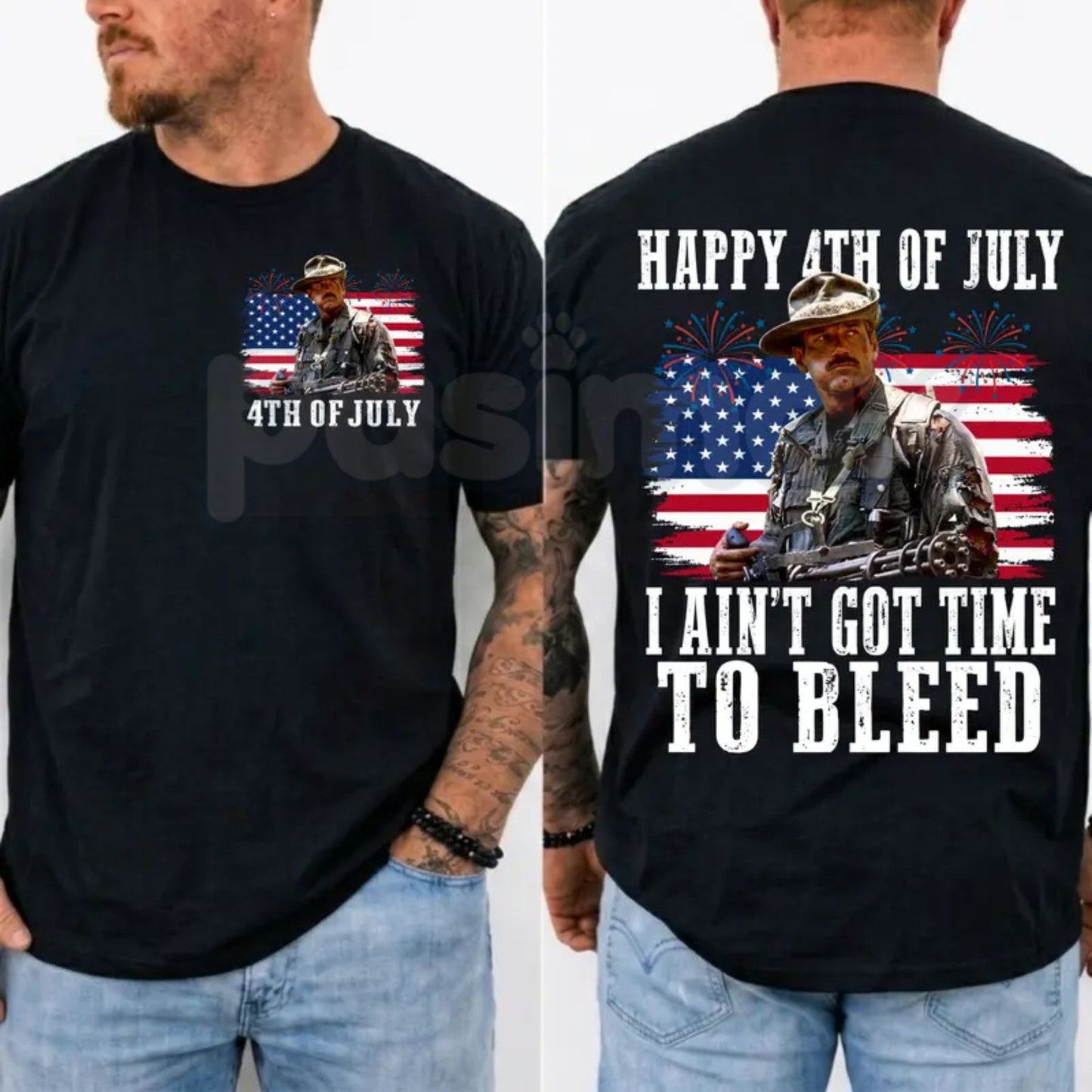 "I Ain't Got Time To Bleed" 4th of July T-Shirt – Retro Predator Movie Patriotic Sarcastic Freedom Graphic Tee