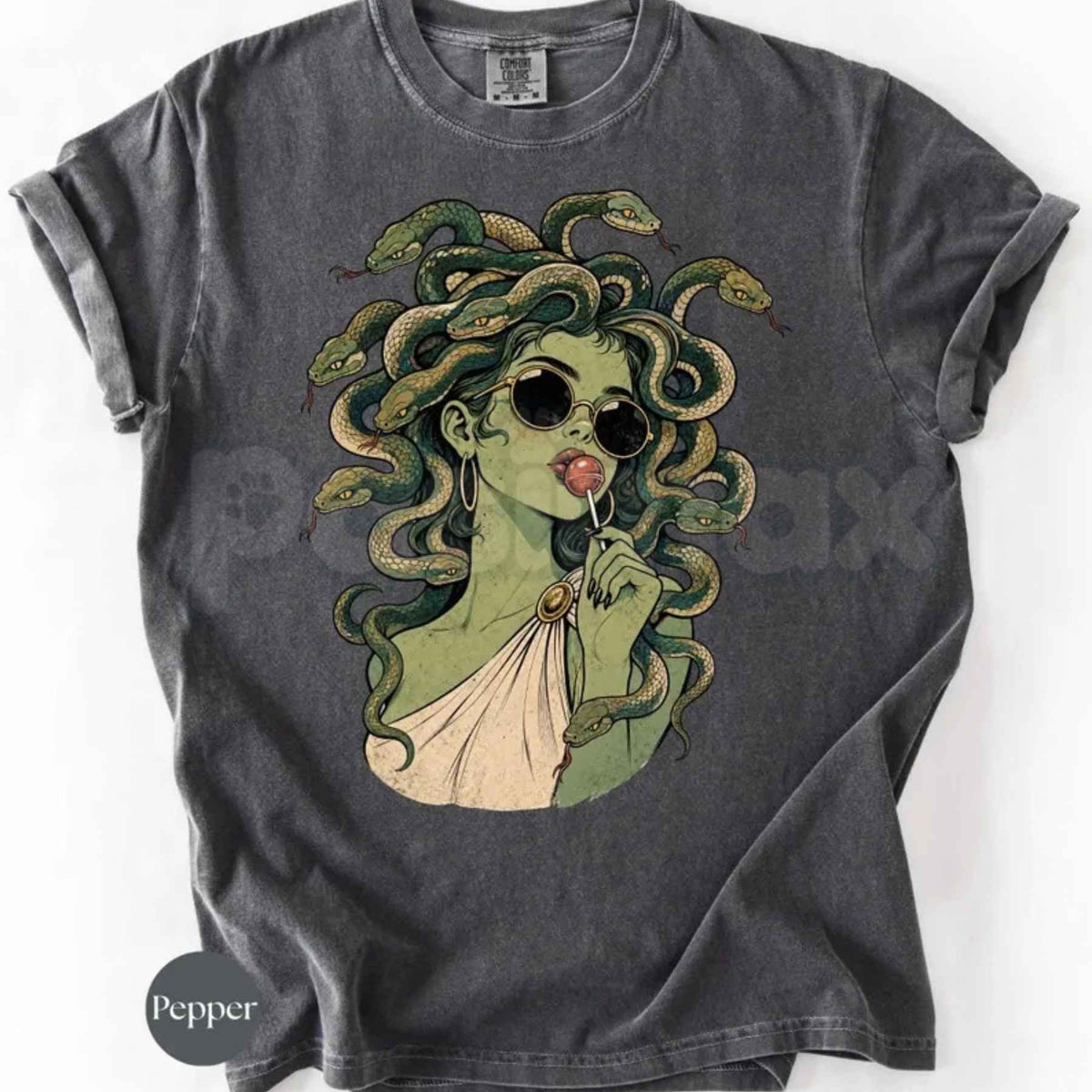 Comfort Colors® Medusa Lollipop T-Shirt – Retro Halloween Graphic Tee, Spooky Cute Greek Mythology Unisex Top & Gift