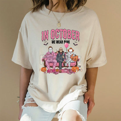 Women's "In October We Wear Pink" Halloween Graphic T-Shirt - Breast Cancer Awareness & Spooky Design Tee, Hot Topic Style Party Top