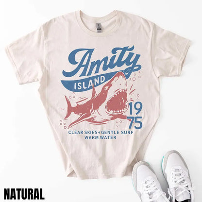 Jaws Amity Island 1975 T-Shirt – Retro Movie Inspired Graphic Tee, Remastered Heavy Cotton Film Buff Top, Soft Lived-In Vintage Summer Beach Shirt, Made in USA