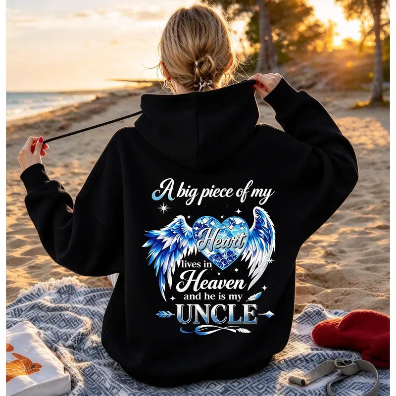 A Big Piece Of My Heart Lives In Heaven Memorial Back Print Hoodie – In Loving Memory Graphic Pullover, Angel Wing Remembrance Sweatshirt, Unisex Heavy Blend