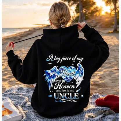 A Big Piece Of My Heart Lives In Heaven Memorial Back Print Hoodie – In Loving Memory Graphic Pullover, Angel Wing Remembrance Sweatshirt, Unisex Heavy Blend
