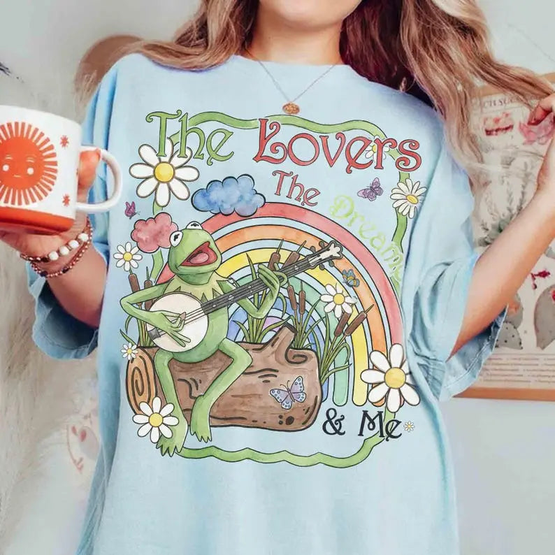 Comfort Colors® Vintage Watercolor Kermit The Frog T-Shirt – Retro Rainbow Muppets Graphic Tee, Cute Aesthetic Pride Sunshine Top, Magic Nostalgia Gift