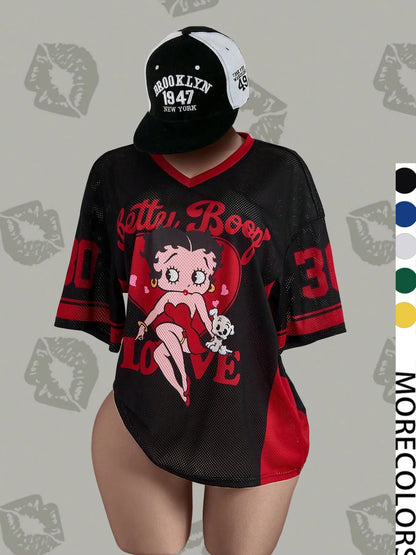 Streetwear Y2K Mesh Top – Vintage Doll Print V-Neck Shirt, Breathable Retro Aesthetic for Women