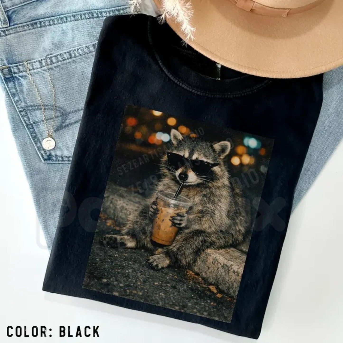 Funny Raccoon Drinking Iced Coffee Vintage T-Shirt - Retro Trash Panda Graphic Tee, Caffeinated Animal Humor Shirt, Premium Heavyweight Unisex 100% Cotton Top, Relatable Coffee Lover Gift, Vintage Style Raccoon Streetwear