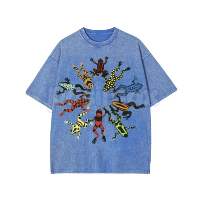 Dancing Frog Feast Print T-Shirt – Retro Cottagecore Amphibian Graphic Tee, Lightweight Vintage Washed Cotton Whimsical Top