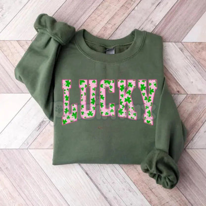 Lucky Clover Sweatshirt | Green Shamrock Design | St Patrick's Day Aesthetic Crewneck | Minimalist Lucky Shirt for Women | Retro Irish Shamrock Graphic Jumper | Shamrock Pullover