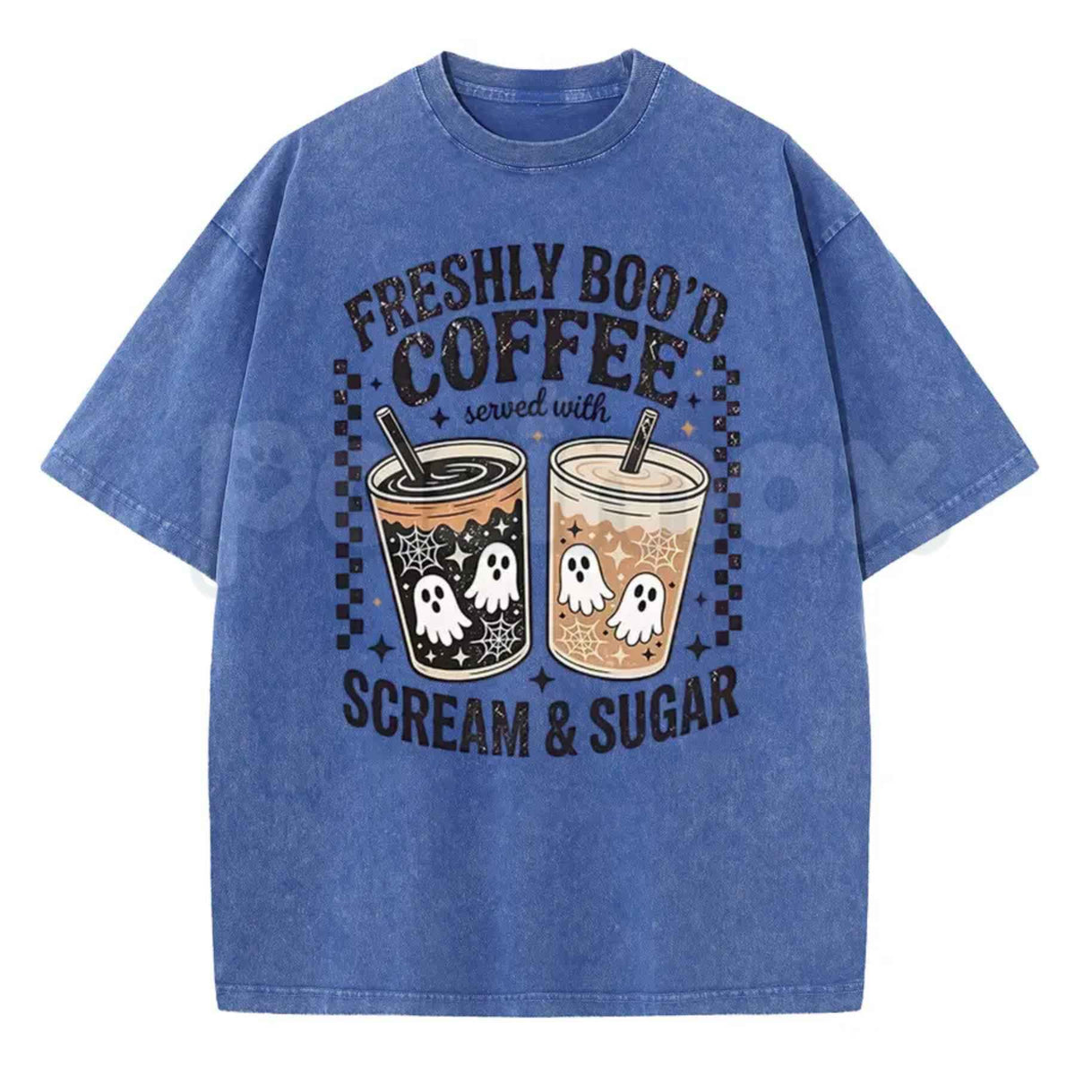 Funny Scream And Sugar Ghost Coffee Artwork Washed Shirt – Retro Horror Movie Parody Graphic Tee, Vintage Acid Wash Lightweight Cotton Unisex Top