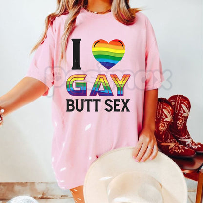 "I Love Gay Butt Sex" Rainbow Heart T-Shirt - Explicit Adult Homosexual Pride Tee, Funny Gay Slogan Apparel, Provocative LGBTQ+ Humor Shirt