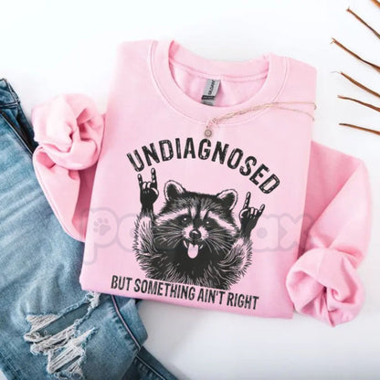 Undiagnosed But Something Ain't Right Raccoon Sweatshirt | Funny Neurospicy Trash Panda Crewneck | Sarcastic Raccoon Humor Jumper | Mental Health Awareness Satire Pullover | Aesthetic Chaotic Raccoon Graphic Top | Relatable Adult Humor Shirt