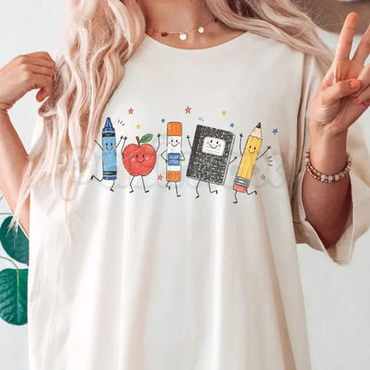 Comfort Colors® Vintage Back To School T-Shirt – Retro School Supplies Cartoon Graphic Tee, Aesthetic Kindergarten Teacher Crewneck First Day Of School Top