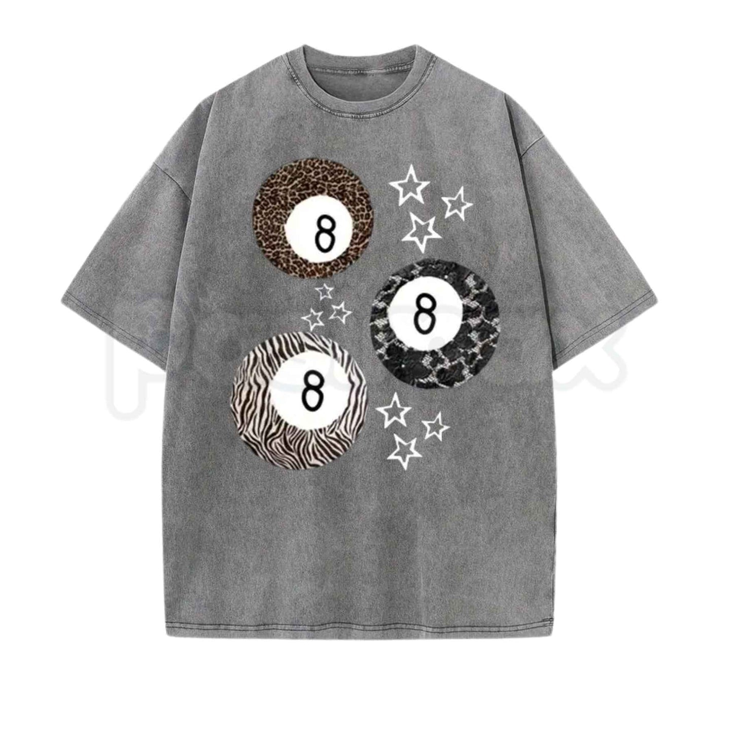 8 Ball Leopard and Stars Print T-Shirt – Retro Y2K Graphic Tee, Vintage Acid Washed Soft Breathable Cotton Unisex Streetwear Top