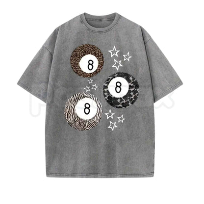 8 Ball Leopard and Stars Print T-Shirt – Retro Y2K Graphic Tee, Vintage Acid Washed Soft Breathable Cotton Unisex Streetwear Top
