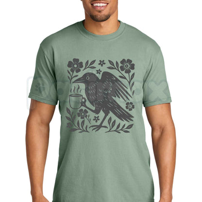 Comfort Colors® Raven Coffee Drinking Botanical Linocut T-Shirt – Gothic Nature Graphic Tee, Retro Block Print Unisex Top & Gift