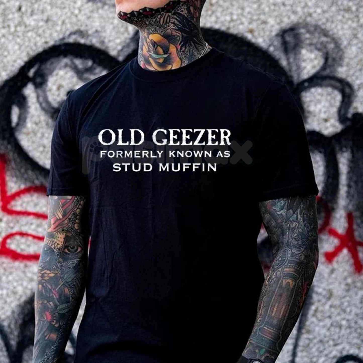 "Old Geezer Formerly Known As Stud Muffin" T-Shirt - Funny Old Man Slogan Tee, Sarcastic Aging Humor Gift, Unisex Vintage Style Apparel